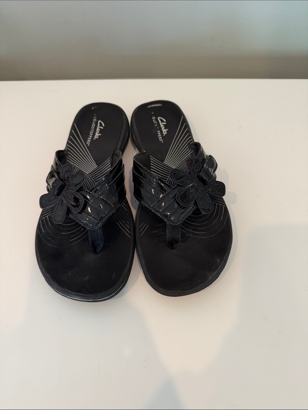 Clarks Black Floral Toe-Post Sandals with Decorative Straps